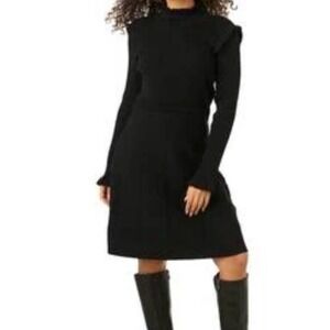 Nina‎ Leonard Black  Mock Neck Ruffle Detail Long Sleeve Midi Dress Size Large